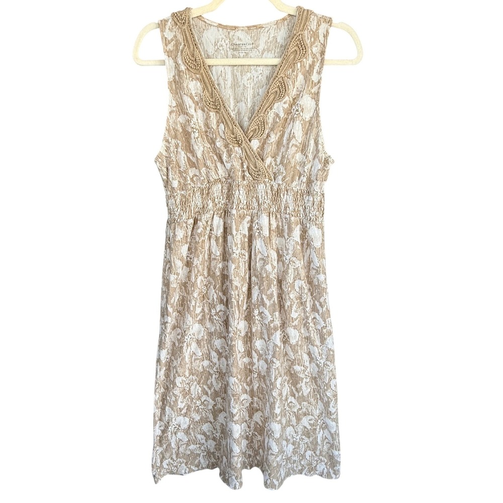 C3 Charter Club Tan White Floral Crochet V-Neck Smocked Waist Dress Size PM